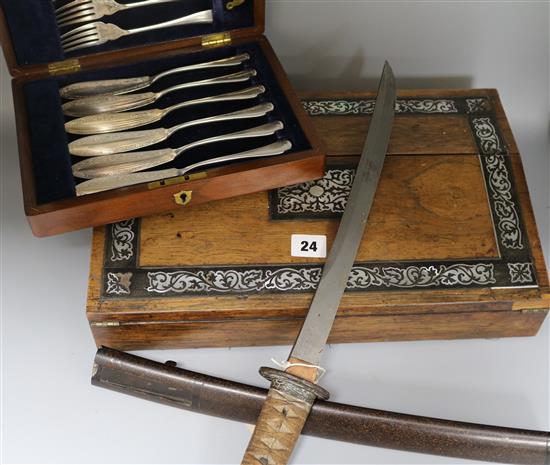 Rosewood MOP inlaid writing slope & plated cased fish eaters